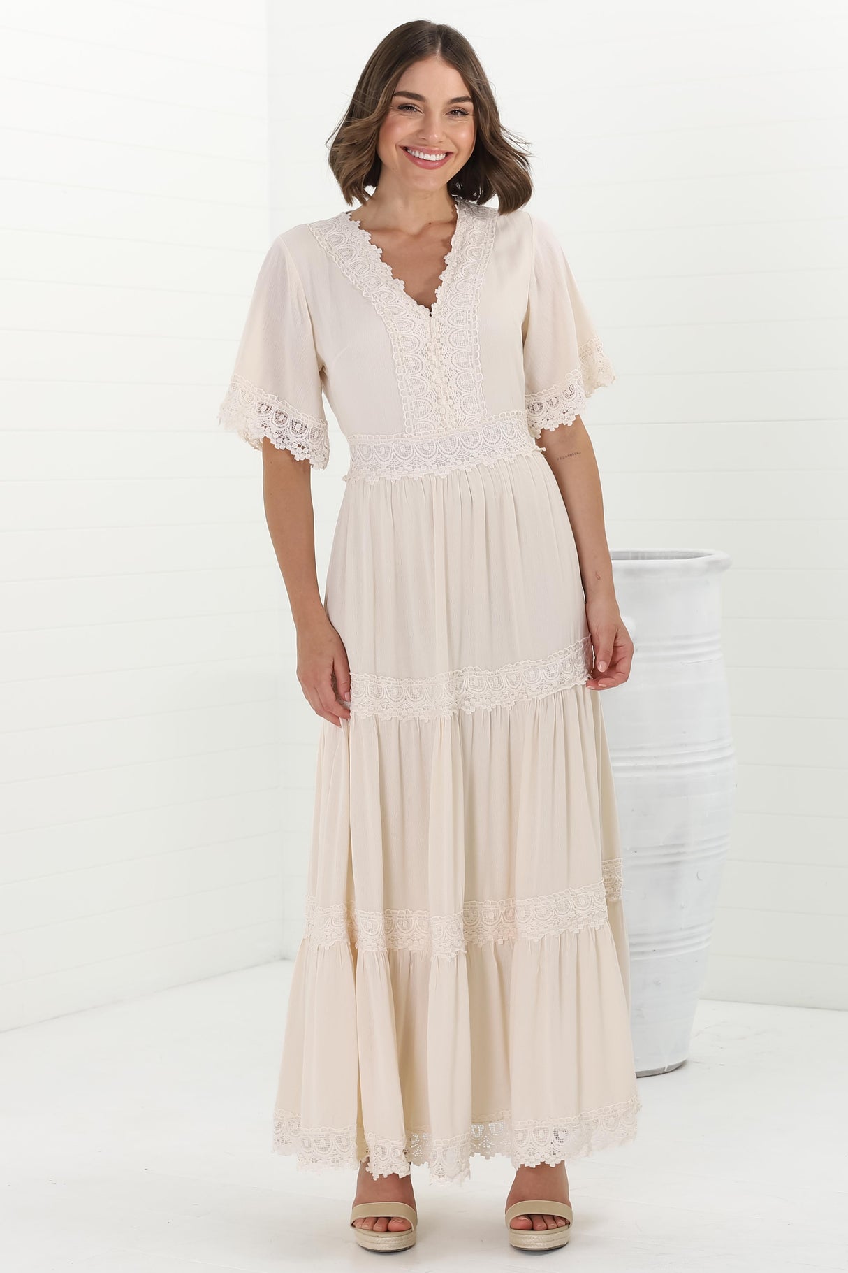 Peony Maxi Dress - Lace Detailed A Line Dress with Flute Sleeves in Cream