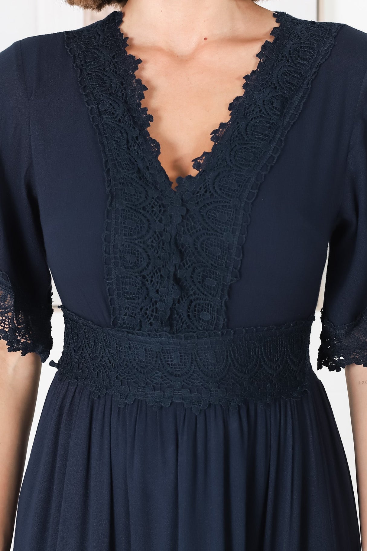 Peony Maxi Dress - Lace Detailed A Line Dress with Flute Sleeves in Navy