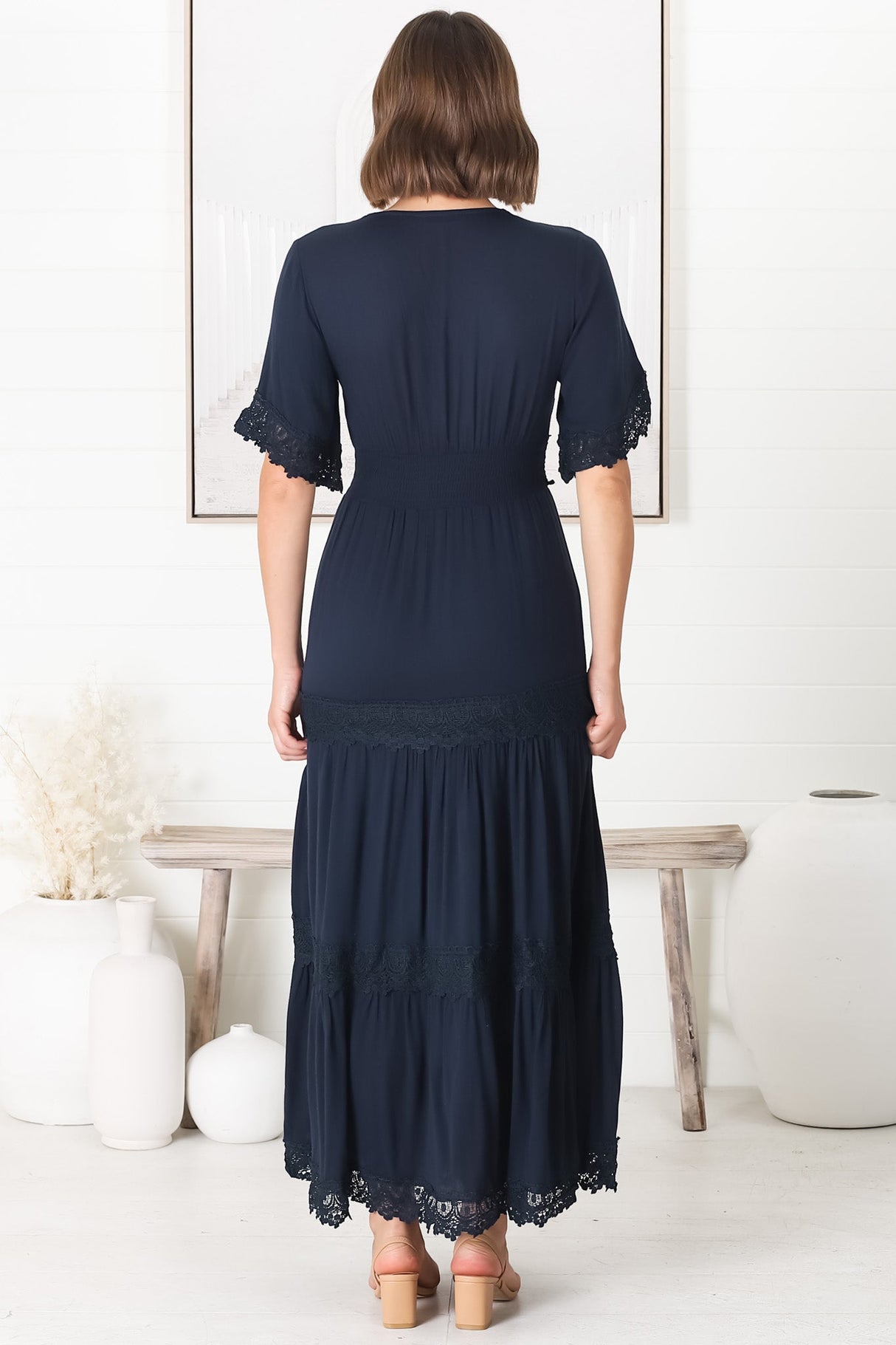 Peony Maxi Dress - Lace Detailed A Line Dress with Flute Sleeves in Navy