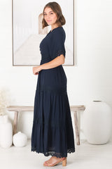 Peony Maxi Dress - Lace Detailed A Line Dress with Flute Sleeves in Navy