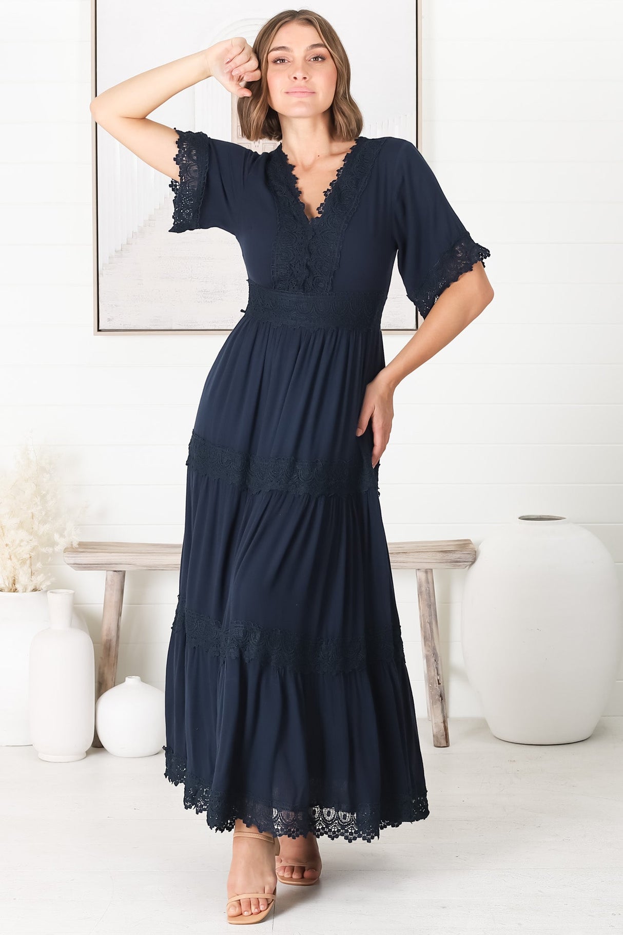 Peony Maxi Dress - Lace Detailed A Line Dress with Flute Sleeves in Navy