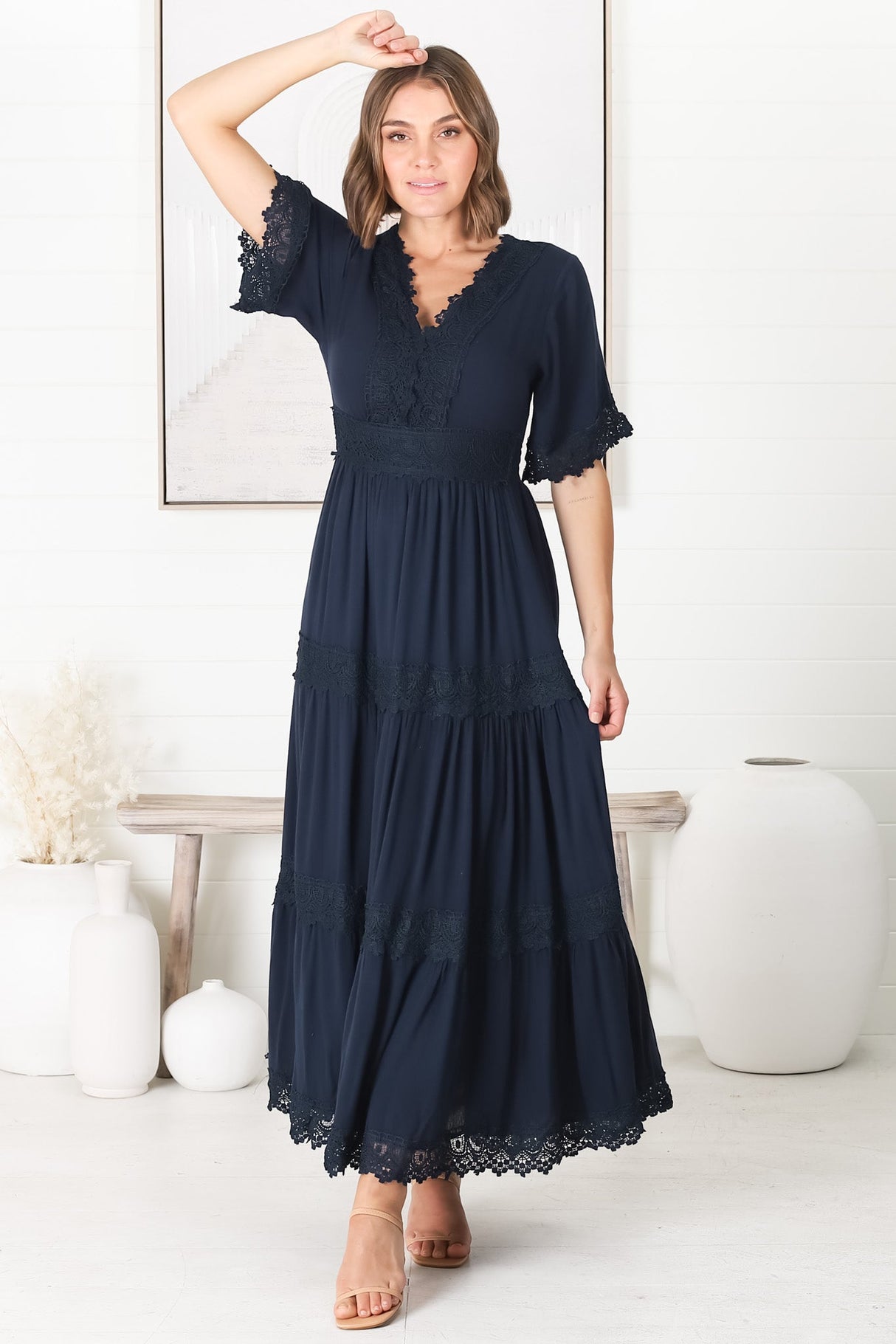 Peony Maxi Dress - Lace Detailed A Line Dress with Flute Sleeves in Navy