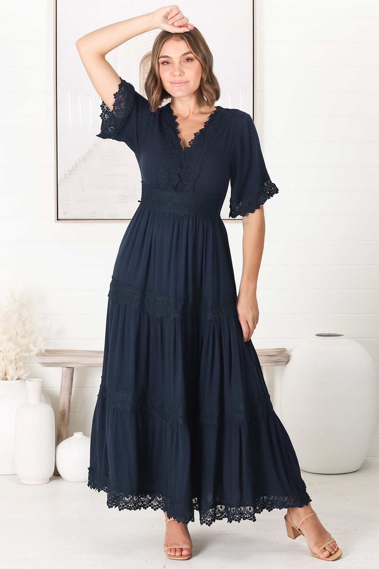 Peony Maxi Dress - Lace Detailed A Line Dress with Flute Sleeves in Navy