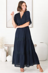 Peony Maxi Dress - Lace Detailed A Line Dress with Flute Sleeves in Navy