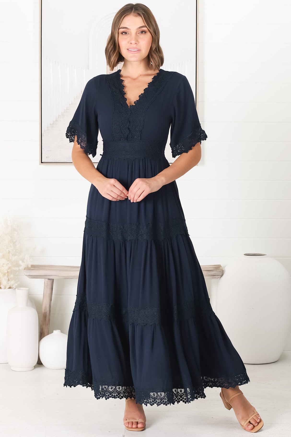 Peony Maxi Dress - Lace Detailed A Line Dress with Flute Sleeves in Navy