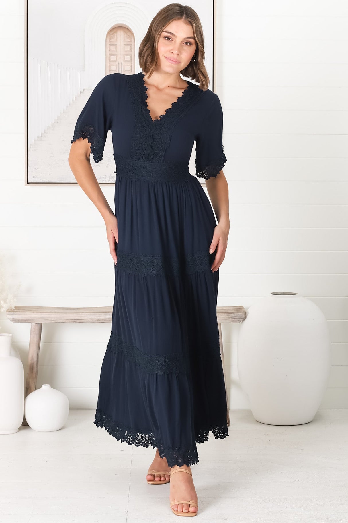 Peony Maxi Dress - Lace Detailed A Line Dress with Flute Sleeves in Navy