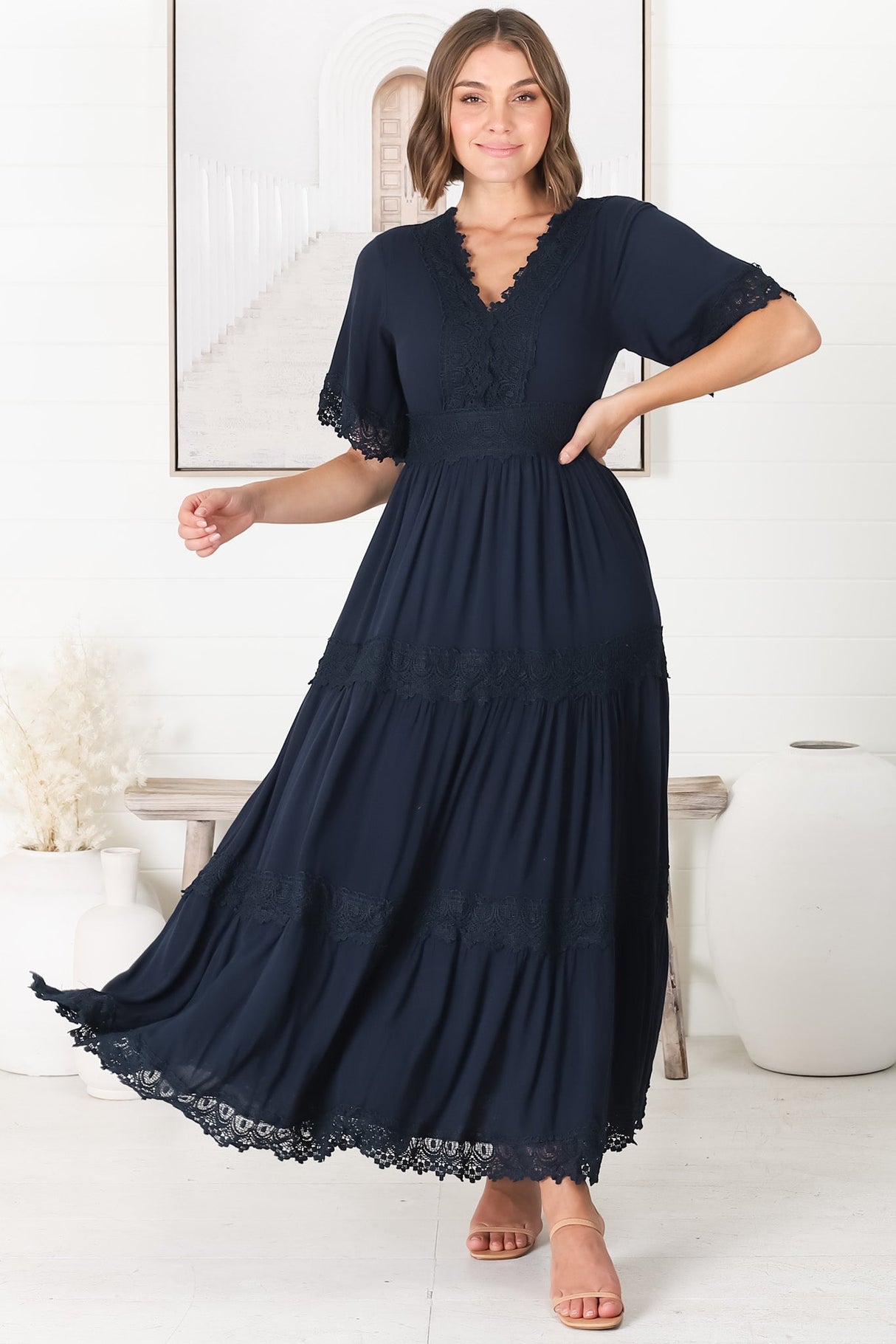 Peony Maxi Dress - Lace Detailed A Line Dress with Flute Sleeves in Navy