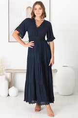 Peony Maxi Dress - Lace Detailed A Line Dress with Flute Sleeves in Navy