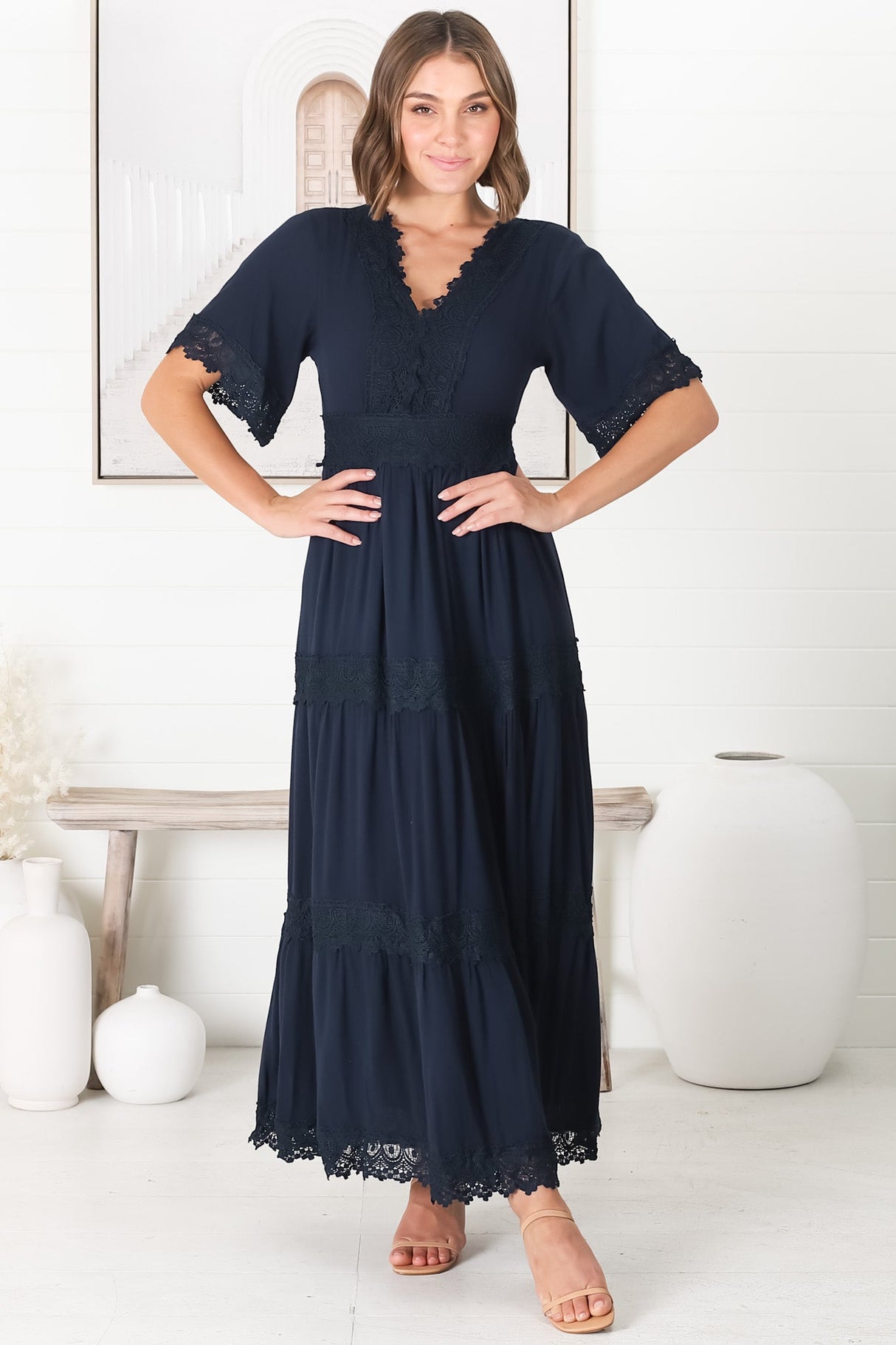 Peony Maxi Dress - Lace Detailed A Line Dress with Flute Sleeves in Navy