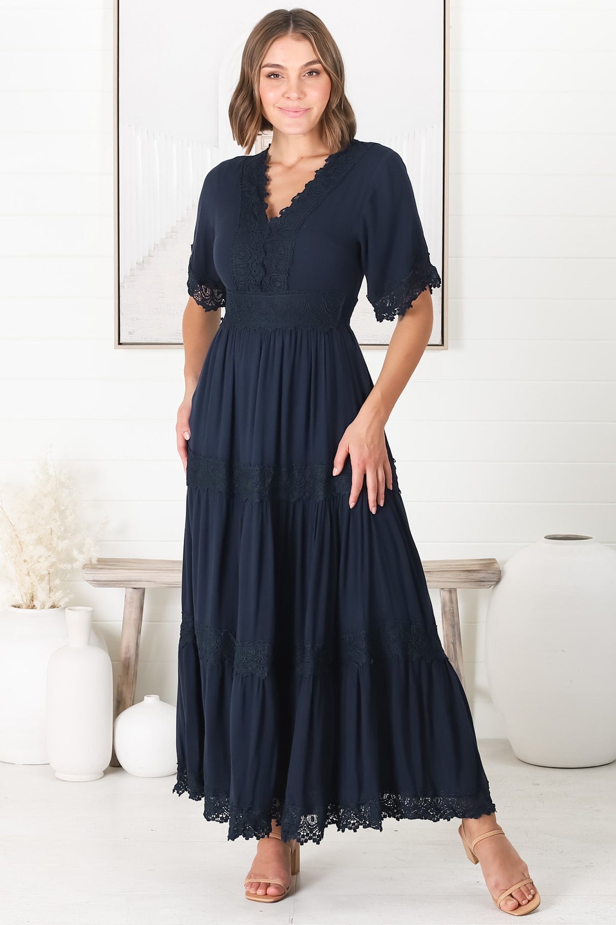 Peony Maxi Dress - Lace Detailed A Line Dress with Flute Sleeves in Navy