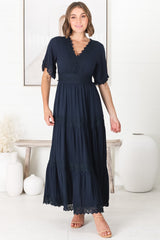 Peony Maxi Dress - Lace Detailed A Line Dress with Flute Sleeves in Navy