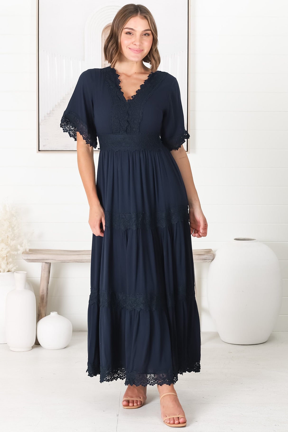 Peony Maxi Dress - Lace Detailed A Line Dress with Flute Sleeves in Navy