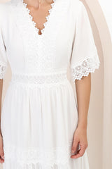 Peony Maxi Dress - Lace Detailed A Line Dress with Flute Sleeves in White