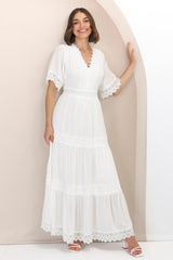 Peony Maxi Dress - Lace Detailed A Line Dress with Flute Sleeves in White