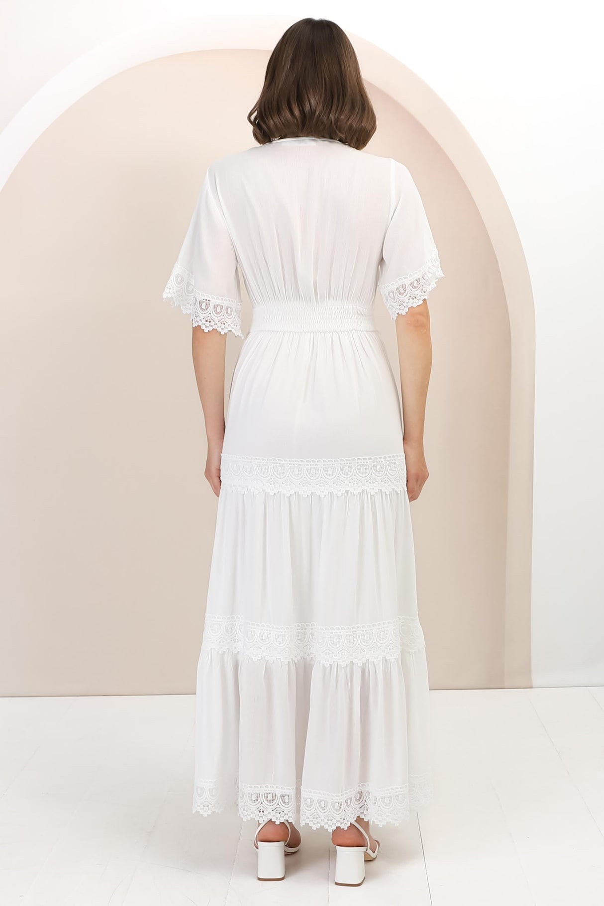 Peony Maxi Dress - Lace Detailed A Line Dress with Flute Sleeves in White