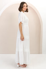 Peony Maxi Dress - Lace Detailed A Line Dress with Flute Sleeves in White