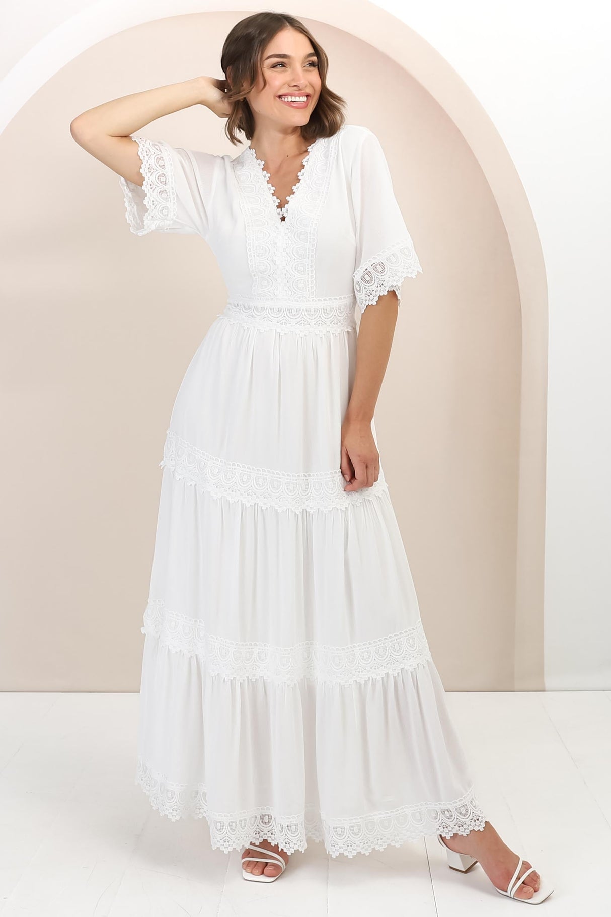 Peony Maxi Dress - Lace Detailed A Line Dress with Flute Sleeves in White