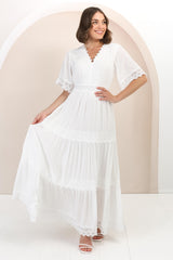 Peony Maxi Dress - Lace Detailed A Line Dress with Flute Sleeves in White