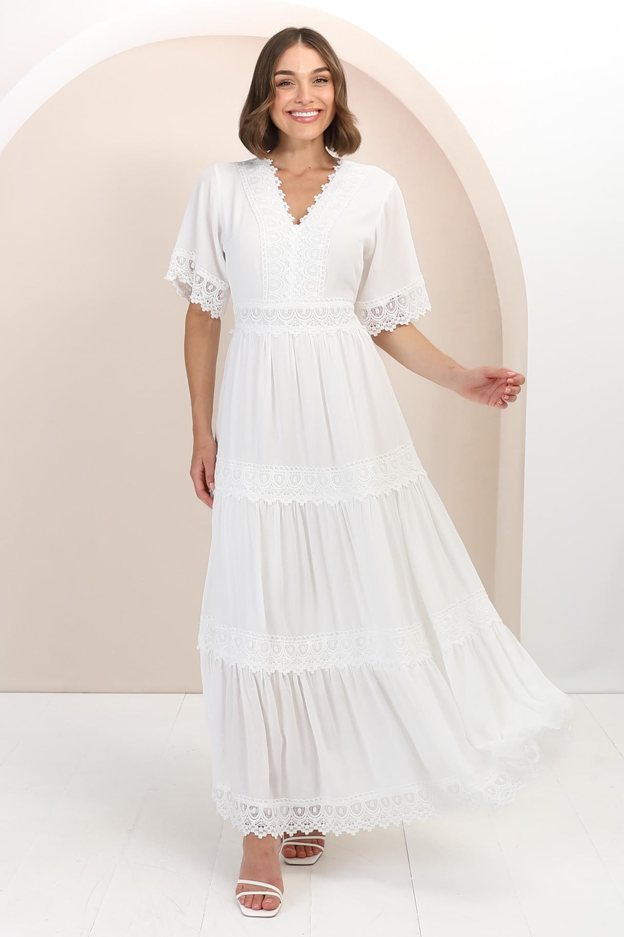 Peony Maxi Dress - Lace Detailed A Line Dress with Flute Sleeves in White