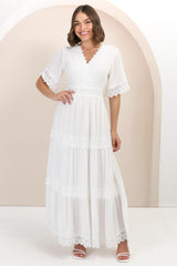 Peony Maxi Dress - Lace Detailed A Line Dress with Flute Sleeves in White