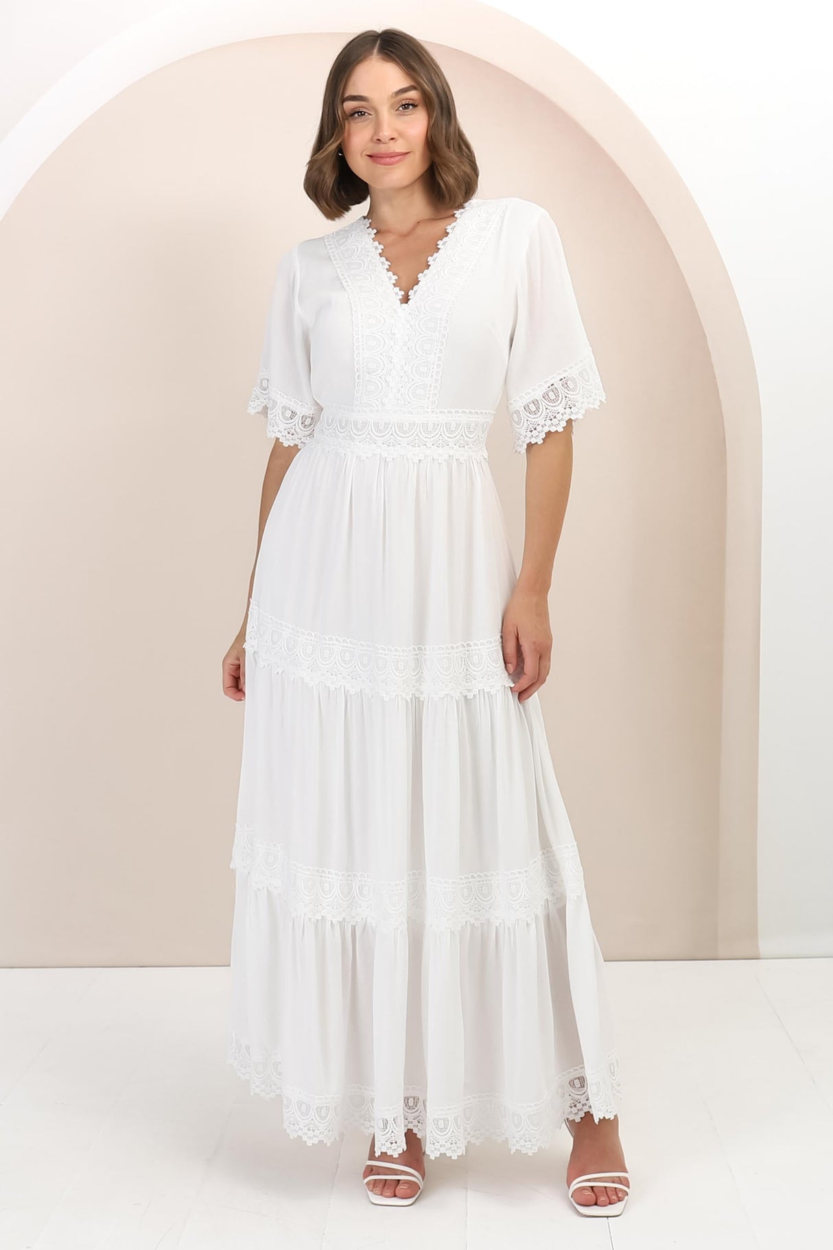 Peony Maxi Dress - Lace Detailed A Line Dress with Flute Sleeves in White