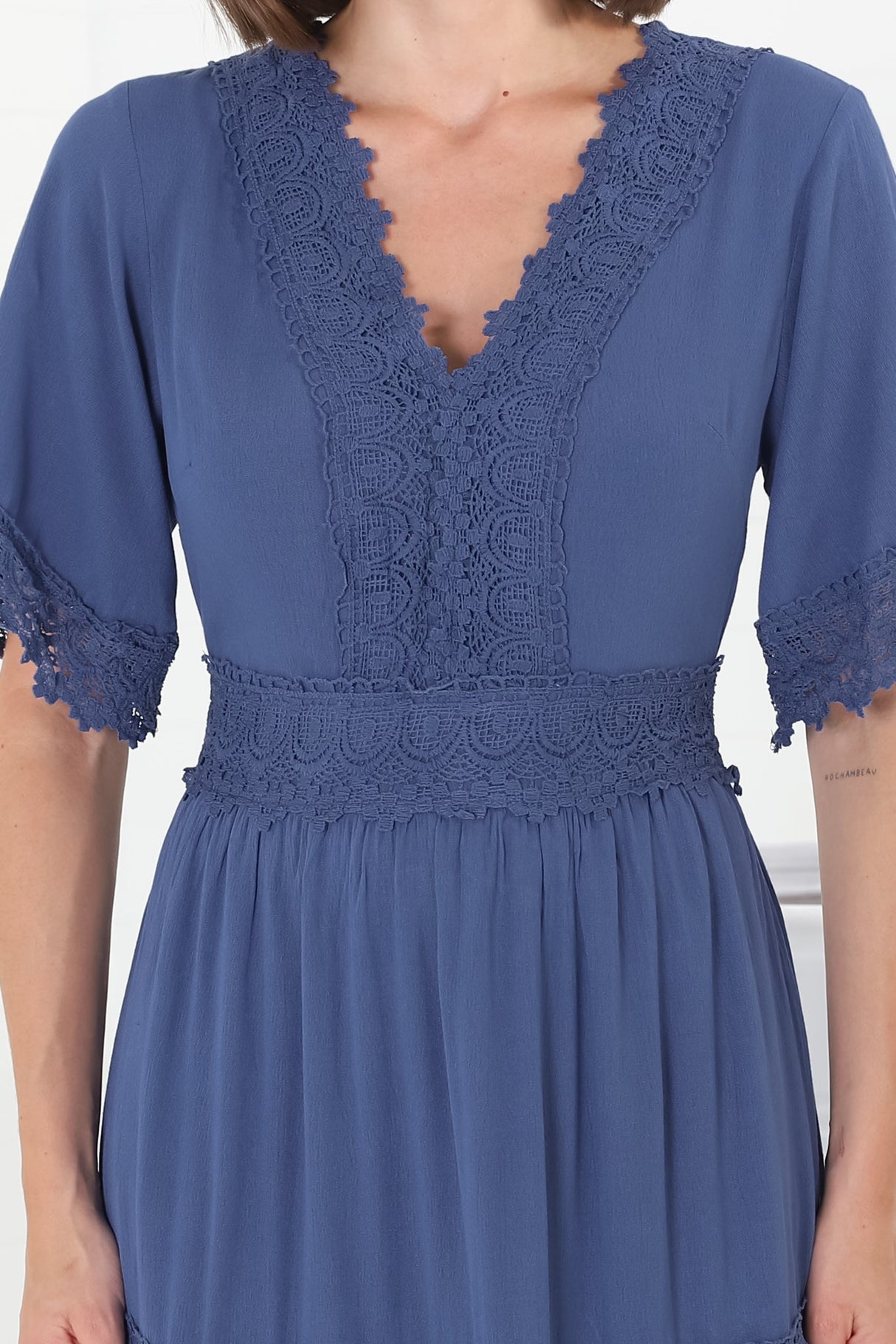 Peony Maxi Dress - Lace Detailed A Line Dress with Flute Sleeves in Blue