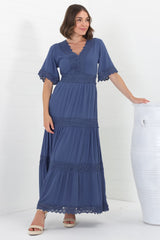 Peony Maxi Dress - Lace Detailed A Line Dress with Flute Sleeves in Blue