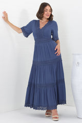 Peony Maxi Dress - Lace Detailed A Line Dress with Flute Sleeves in Blue