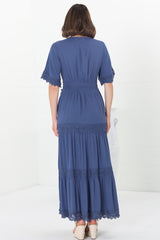 Peony Maxi Dress - Lace Detailed A Line Dress with Flute Sleeves in Blue