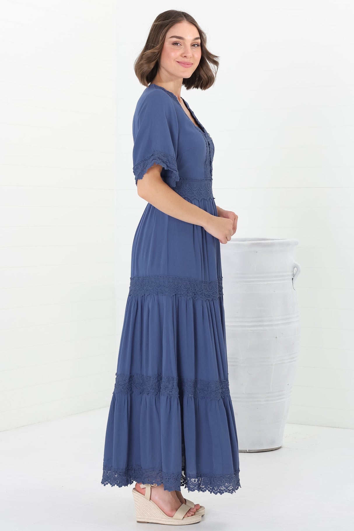 Peony Maxi Dress - Lace Detailed A Line Dress with Flute Sleeves in Blue