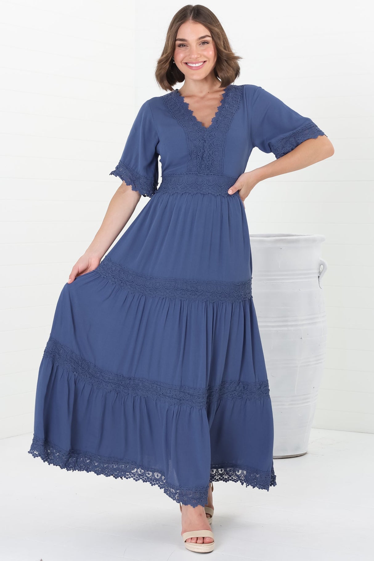 Peony Maxi Dress - Lace Detailed A Line Dress with Flute Sleeves in Blue