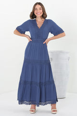 Peony Maxi Dress - Lace Detailed A Line Dress with Flute Sleeves in Blue