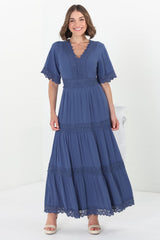 Peony Maxi Dress - Lace Detailed A Line Dress with Flute Sleeves in Blue