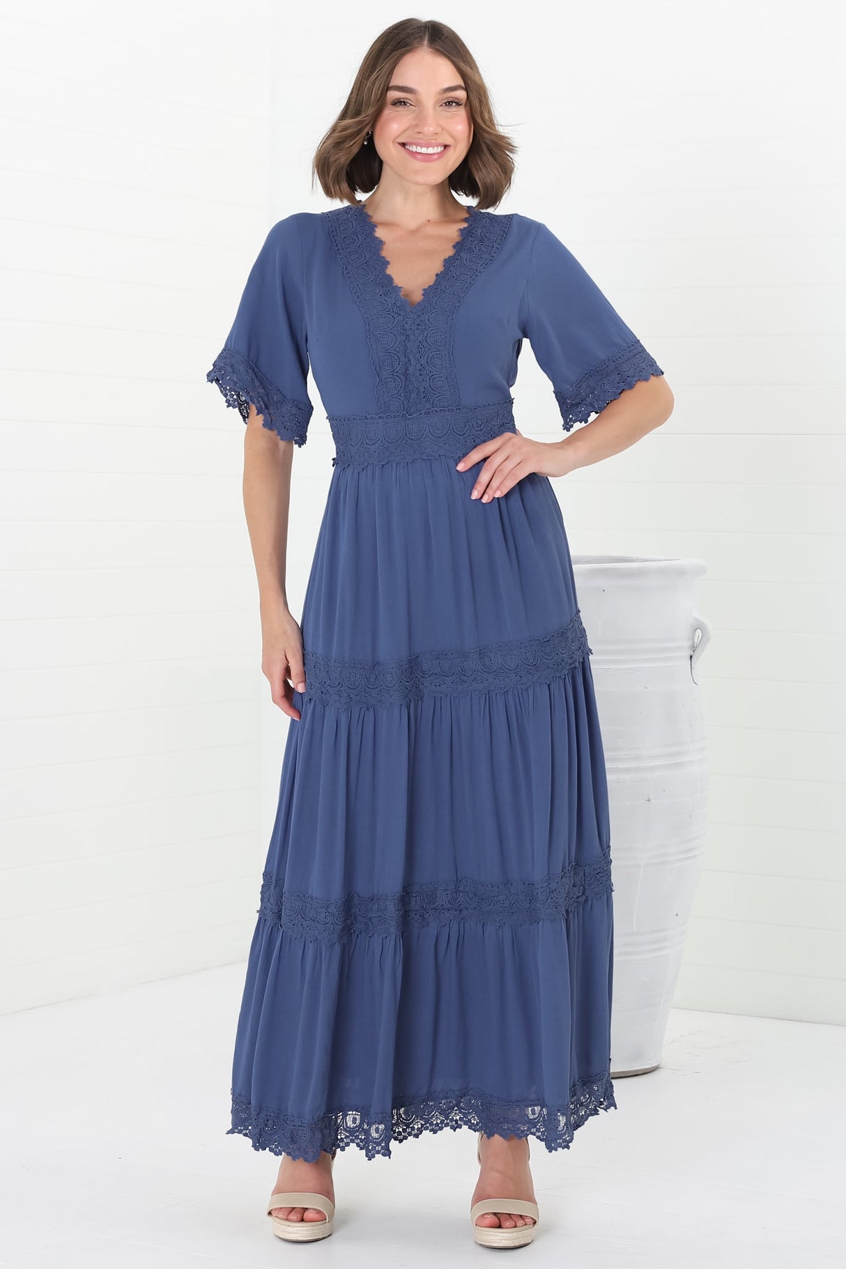 Peony Maxi Dress - Lace Detailed A Line Dress with Flute Sleeves in Blue