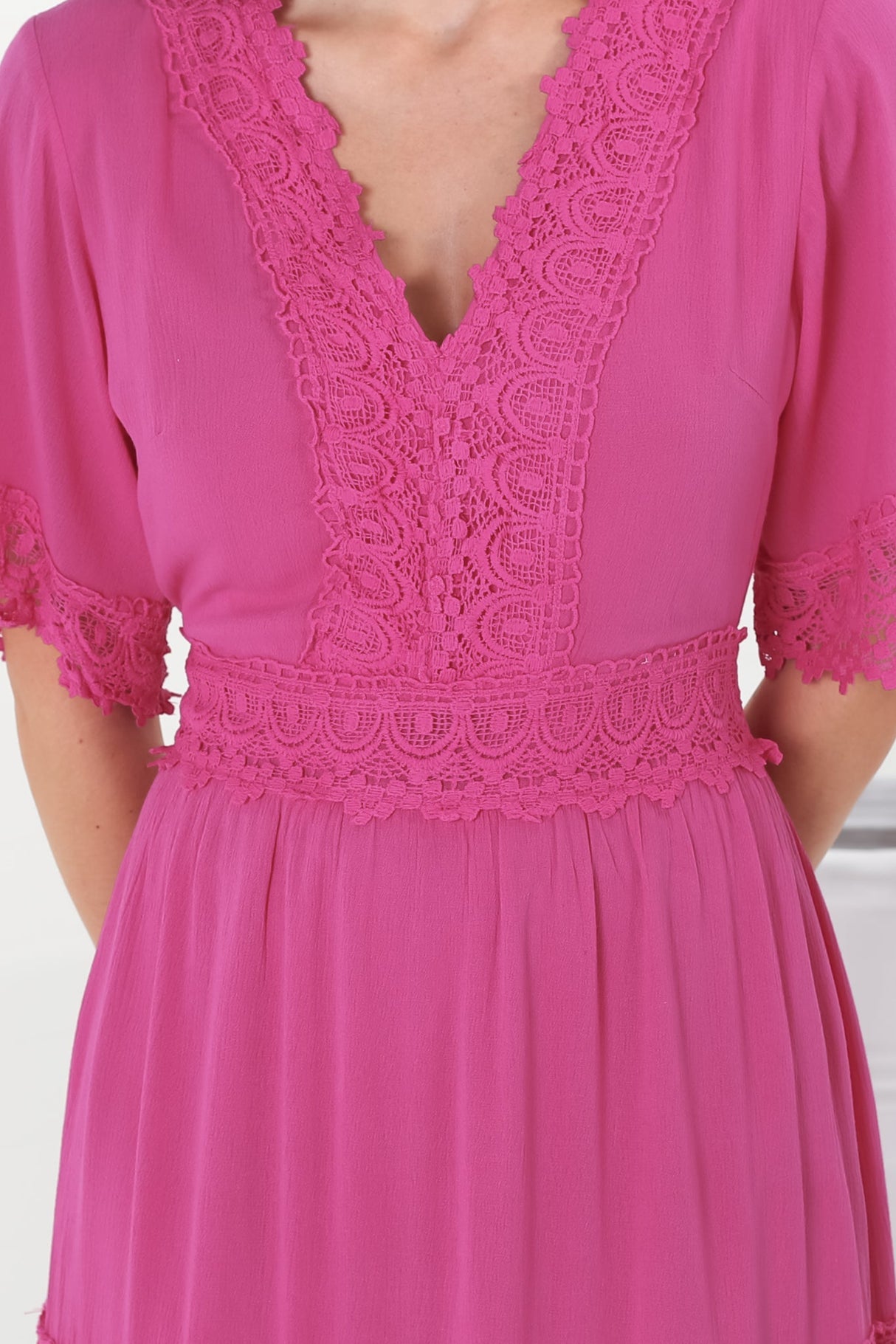 Peony Maxi Dress - Lace Detailed A Line Dress with Flute Sleeves in Magenta