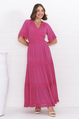 Peony Maxi Dress - Lace Detailed A Line Dress with Flute Sleeves in Magenta