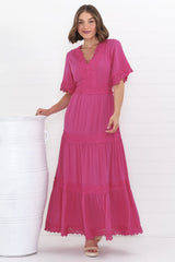 Peony Maxi Dress - Lace Detailed A Line Dress with Flute Sleeves in Magenta