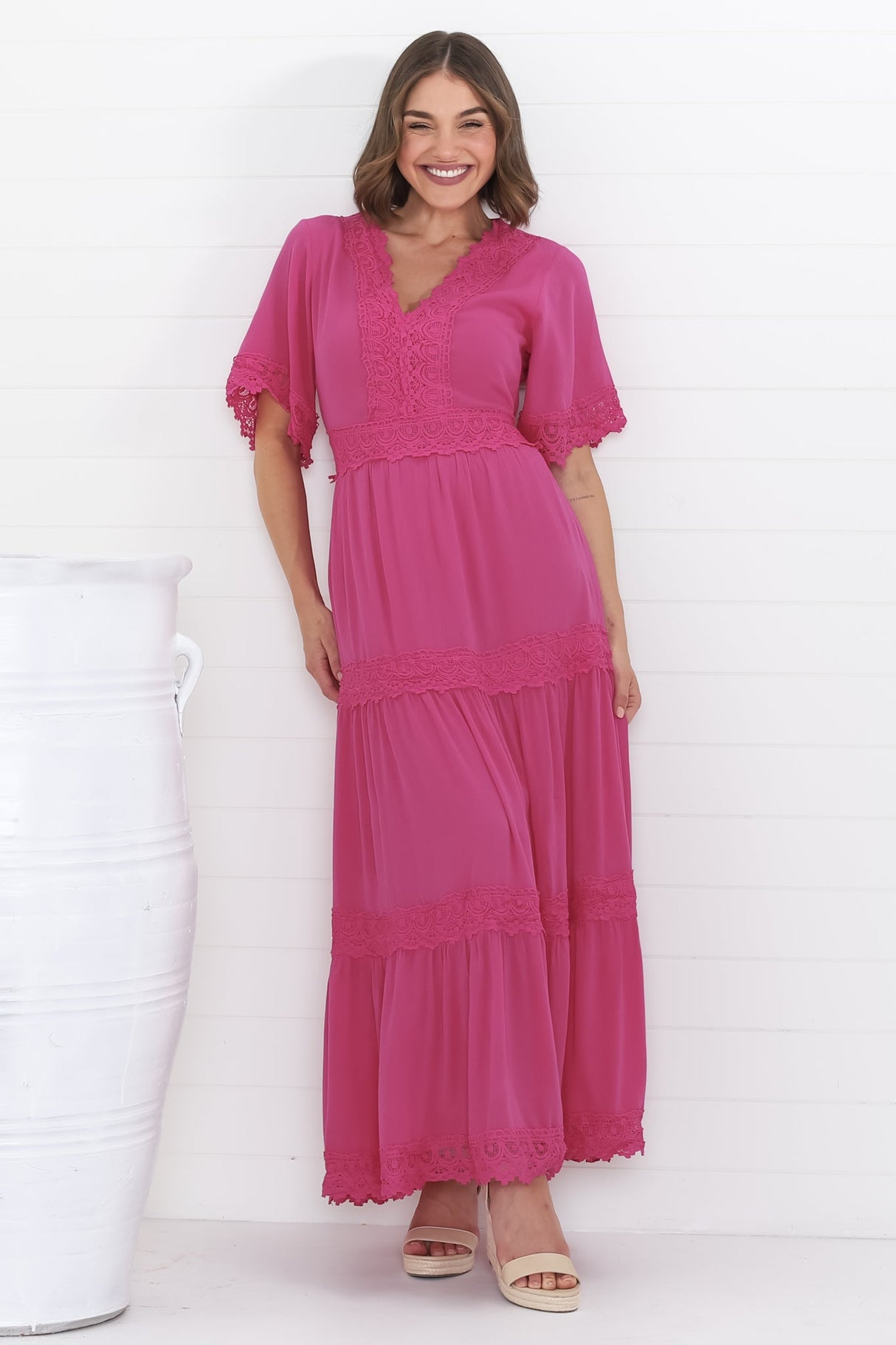 Peony Maxi Dress - Lace Detailed A Line Dress with Flute Sleeves in Magenta