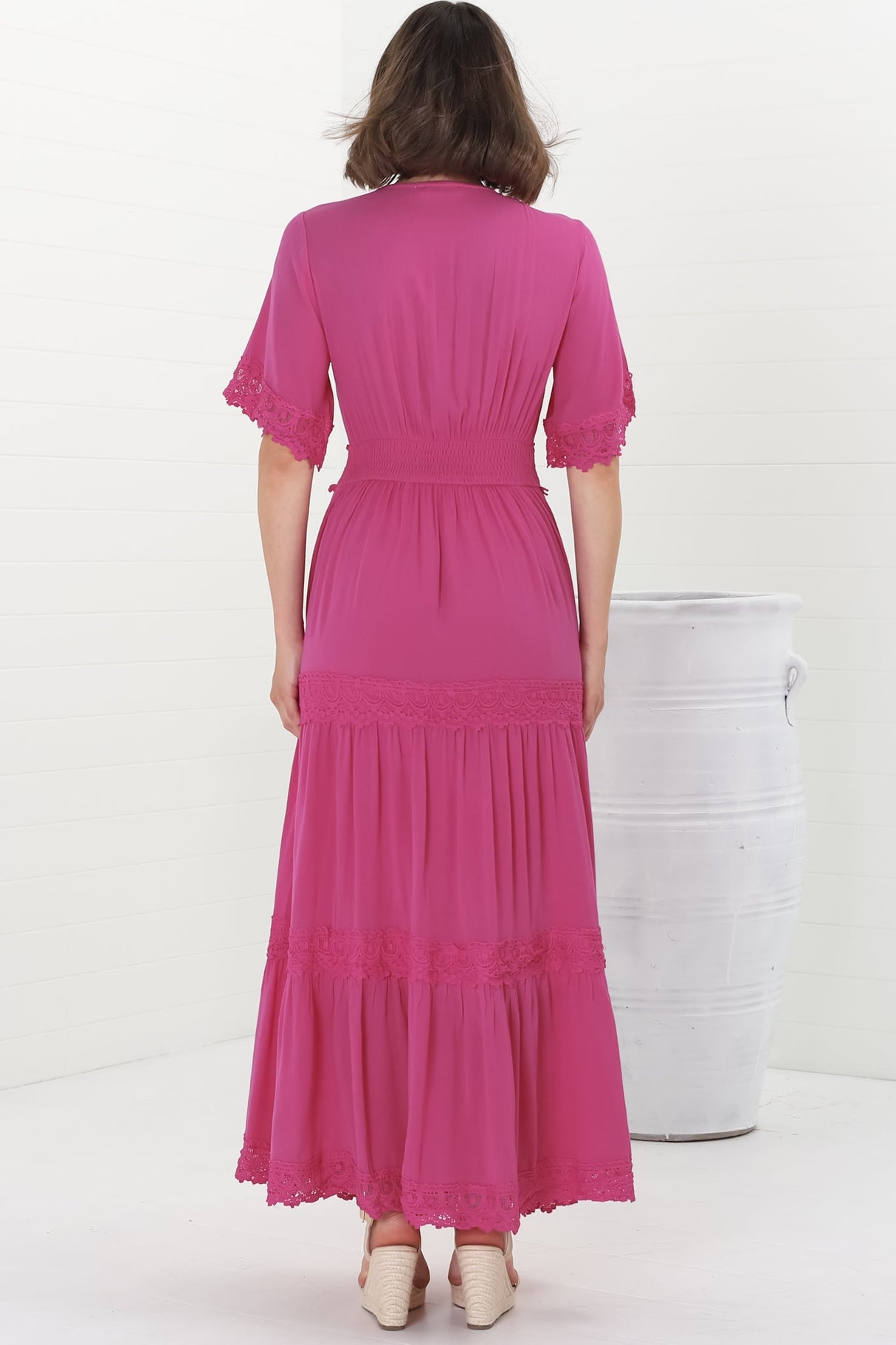 Peony Maxi Dress - Lace Detailed A Line Dress with Flute Sleeves in Magenta