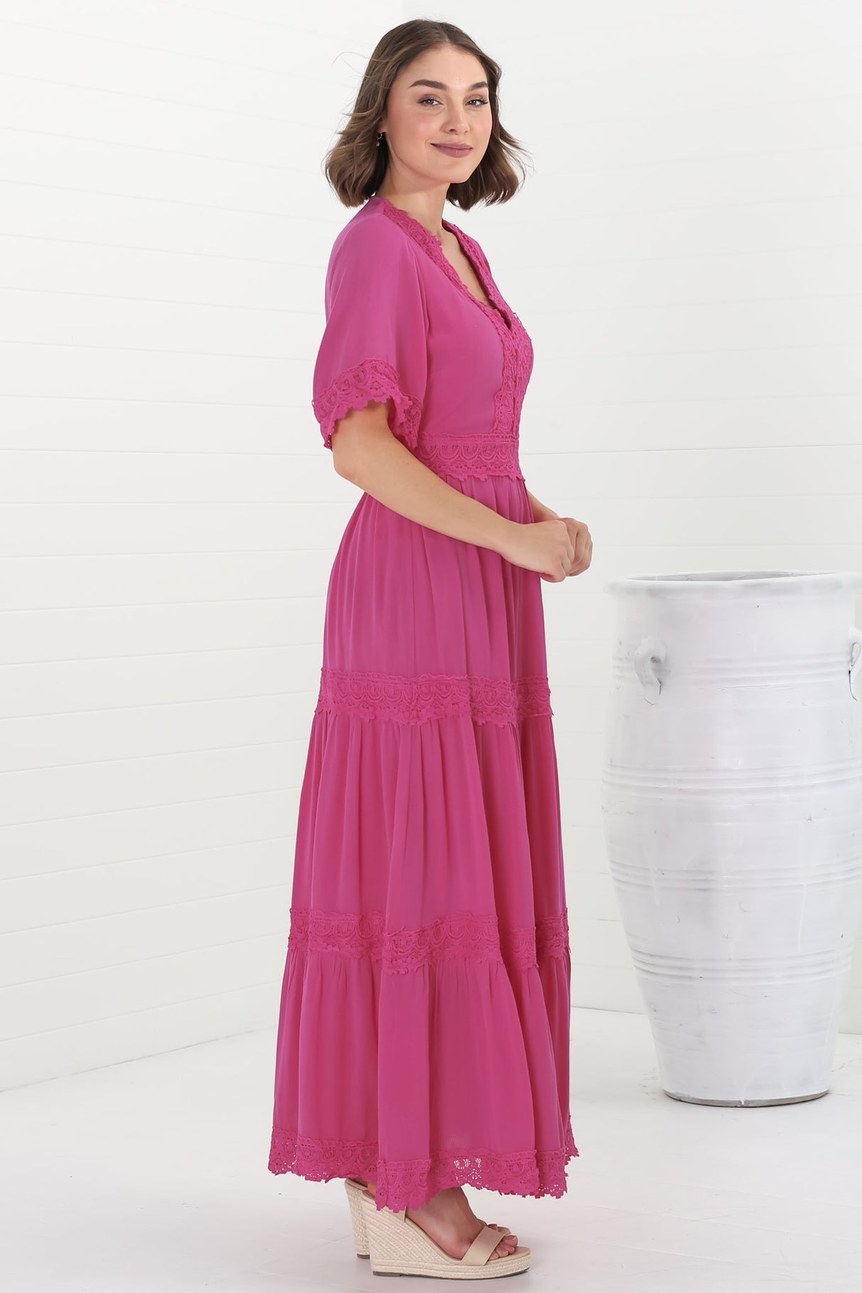 Peony Maxi Dress - Lace Detailed A Line Dress with Flute Sleeves in Magenta