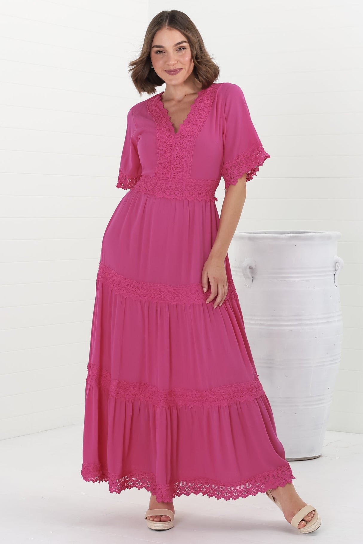 Peony Maxi Dress - Lace Detailed A Line Dress with Flute Sleeves in Magenta