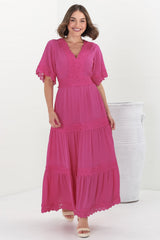 Peony Maxi Dress - Lace Detailed A Line Dress with Flute Sleeves in Magenta