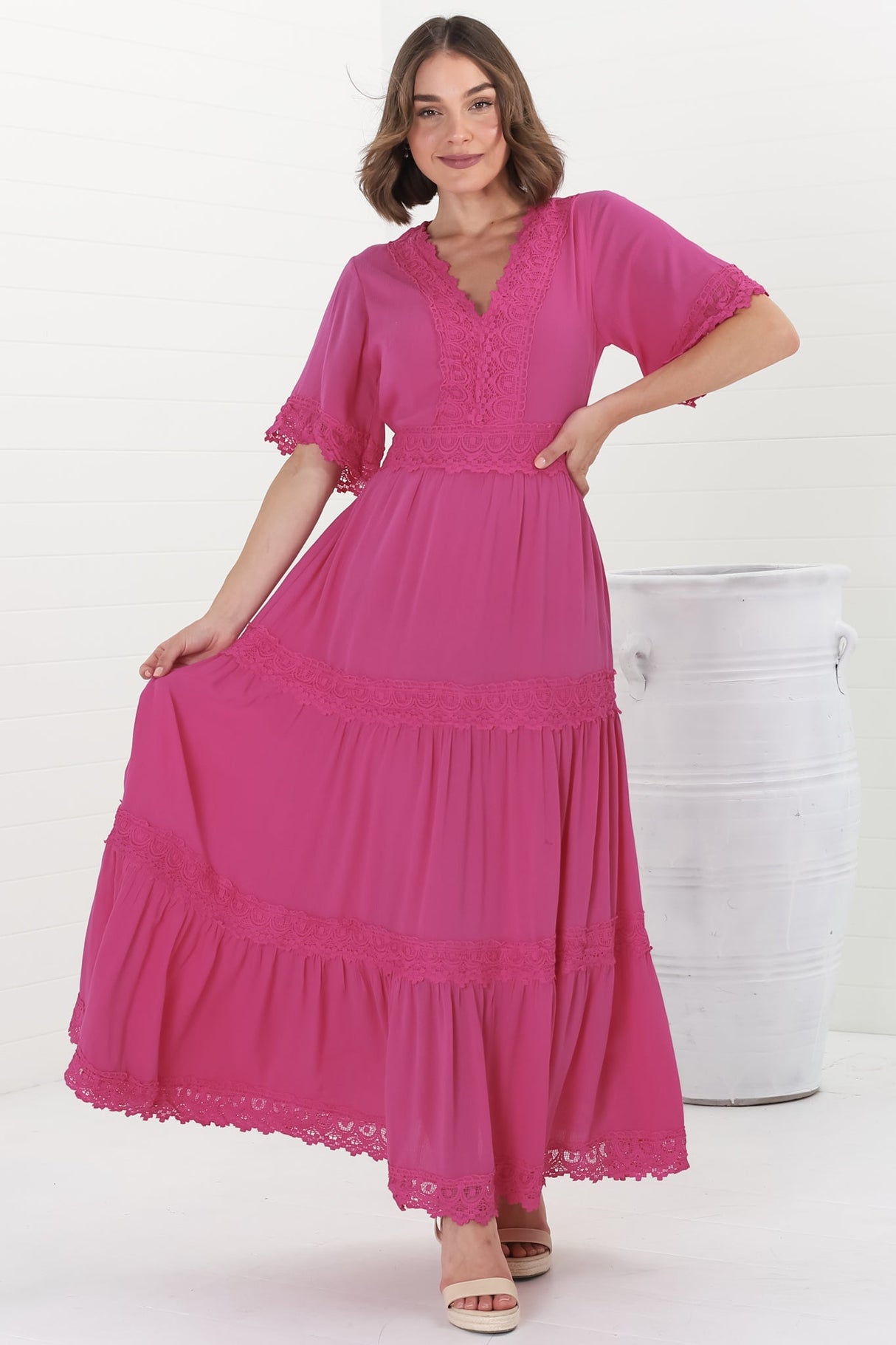 Peony Maxi Dress - Lace Detailed A Line Dress with Flute Sleeves in Magenta