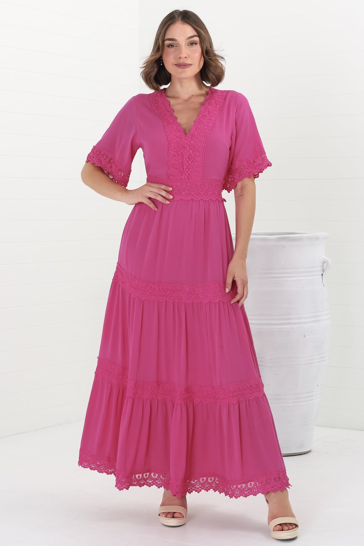 Peony Maxi Dress - Lace Detailed A Line Dress with Flute Sleeves in Magenta