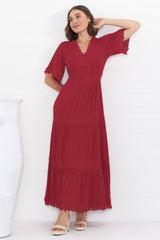 Peony Maxi Dress - Lace Detailed A Line Dress with Flute Sleeves in Red