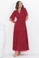 Peony Maxi Dress - Lace Detailed A Line Dress with Flute Sleeves in Red