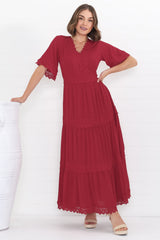 Peony Maxi Dress - Lace Detailed A Line Dress with Flute Sleeves in Red