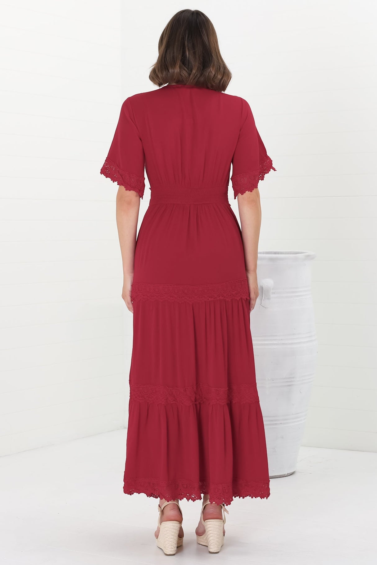 Peony Maxi Dress - Lace Detailed A Line Dress with Flute Sleeves in Red