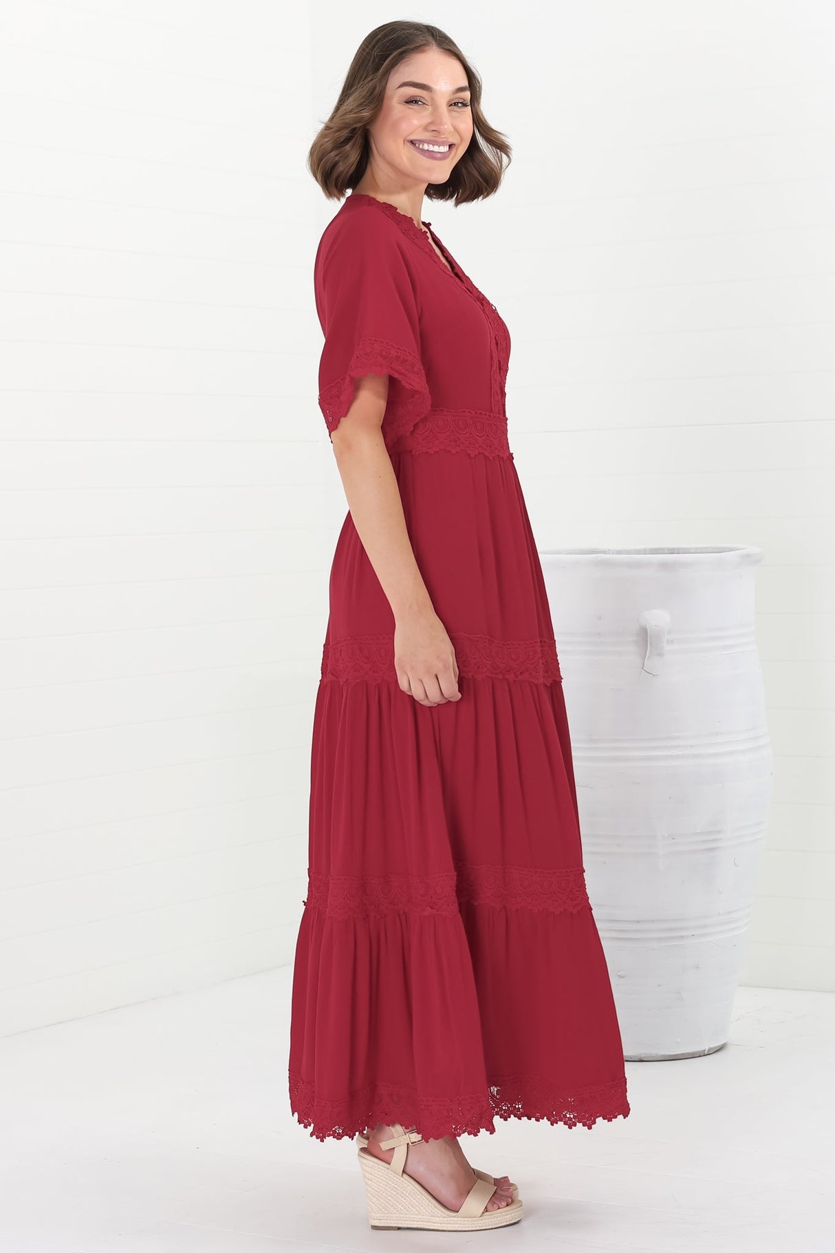 Peony Maxi Dress - Lace Detailed A Line Dress with Flute Sleeves in Red