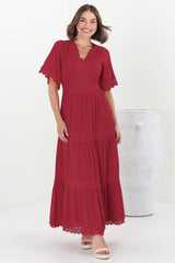 Peony Maxi Dress - Lace Detailed A Line Dress with Flute Sleeves in Red